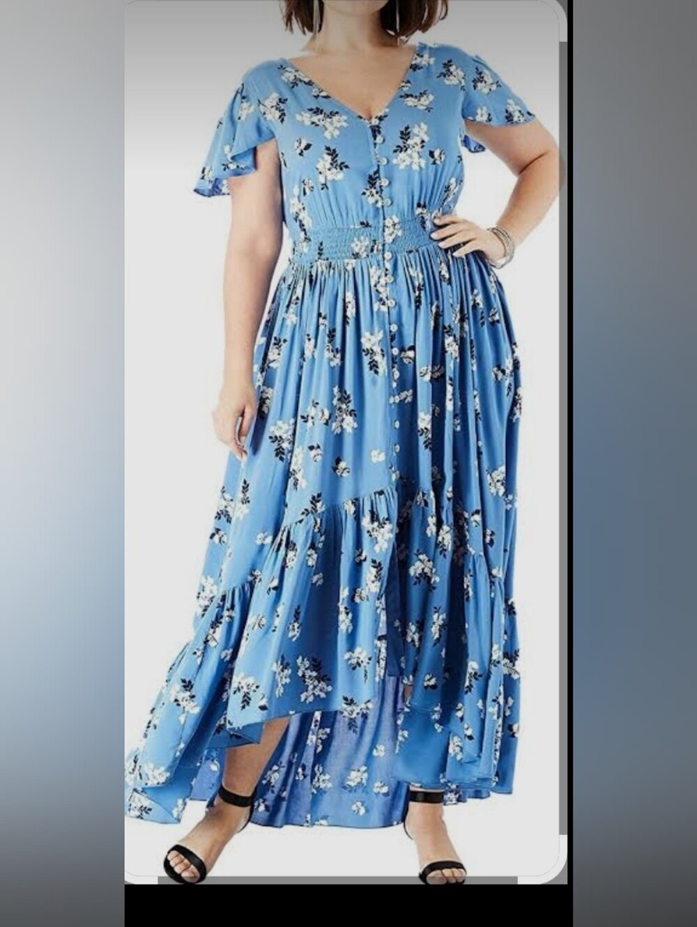 Roaman's Blue Floral Button-Front Maxi Dress